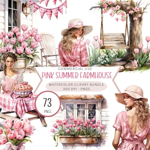 Ensemble de cliparts aquarelle de ferme d'été rose - mignon aquarelle ferme vintage PNGS - sublimation des cliparts de cuisine d'été téléchargements numériques