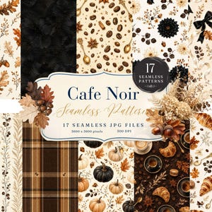 Peut inclure: Une collection numérique de 17 motifs sans couture intitulée Cafe Noir, présentant des illustrations de feuilles de chêne, glands, grains de café, croissants, citrouilles et nœuds noirs sur fonds crème et brun foncé, 3600 x 3600 pixels, 300 DPI.