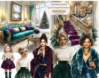 Jewel Tone Christmas Clipart Bundle | Luxury Mansion Holiday Scene Set |Christmas Family Clipart | Elegant Winter Decor PNG Collection