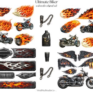 May include: Watercolor clipart set featuring motorcycles, flames, and biker-themed elements. Includes illustrations of motorcycles with flames, fiery accents, metal plates with flame designs, and a bottle of motor oil. The text "Ultimate Biker" is at the top.