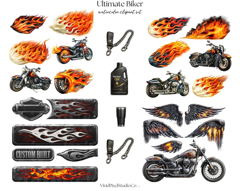 May include: Watercolor clipart set featuring motorcycles, flames, and biker-themed elements. Includes illustrations of motorcycles with flames, fiery accents, metal plates with flame designs, and a bottle of motor oil. The text "Ultimate Biker" is at the top.