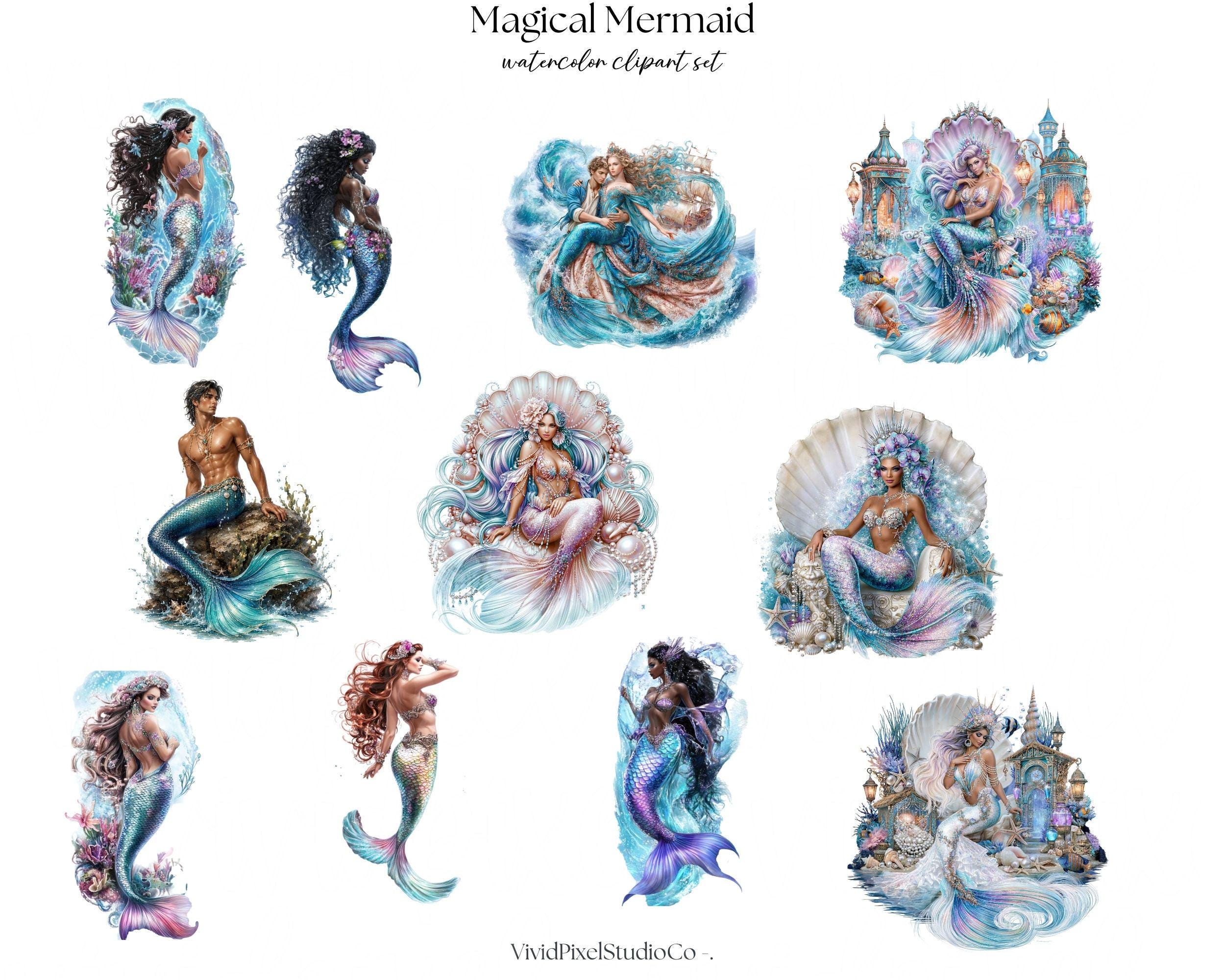 Magical Mermaid Clipart Bundle, Watercolor Mermaid Clipart, Fantasy ...