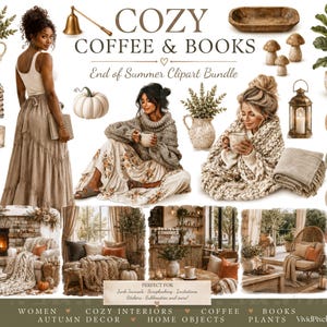 Cosy Coffee & Books clipartbundel | 130 herfst-png-waterverfelementen | Neutrale boho-herfsttekst