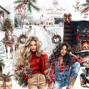May include: Watercolor illustration with a country Christmas theme. Features a snowy landscape with a barn, horse, and a cozy cabin with a fireplace. Includes two women, a child, and a dog. The image has a rustic, festive feel.