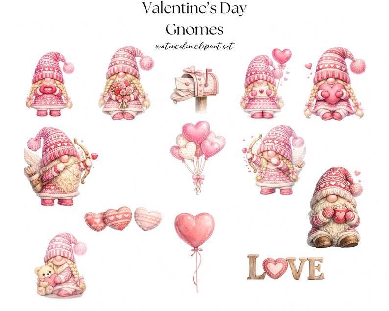 Valentine's Day Gnomes Clipart | Pink Watercolor PNG Bundle (digital ...