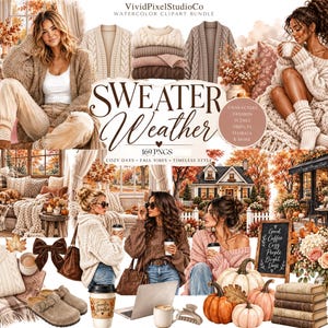 Puede incluir: Un paquete de imágenes prediseñadas digitales titulado Sweater Weather que presenta ilustraciones de personas con suéteres de punto, escenas interiores acogedoras, follaje otoñal, calabazas, tazas de café, libros y arreglos florales en tonos cálidos.