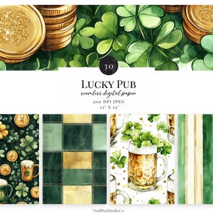 May include: A digital paper set with a St. Patrick's Day theme. The design includes gold coins, green shamrocks, and beer mugs. The text "LUCKY PUB" is displayed. The set is 12" x 12" and 300 DPI JPEG.