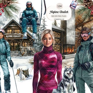 Pode incluir: Ilustração em aquarela com o texto "Alpine Chalet", retratando pessoas com roupas de esqui, um teleférico e um chalé. A obra de arte tem um tema de inverno com pinhas e paisagens nevadas.