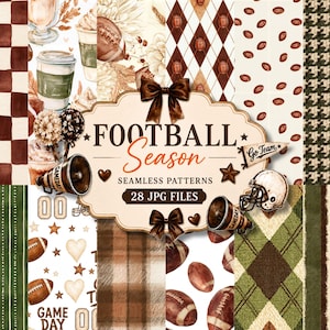 May include: A collection of 28 digital seamless patterns featuring football-themed graphics, including brown footballs, helmets, megaphones, and coffee cups, alongside checkered, plaid, argyle, and houndstooth prints with the text Football Season.