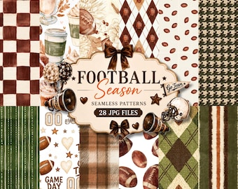 Football Seamless Patterns, Fall Football Digital Paper, Game Day Scrapbook Paper, Watercolor Sports Backgrounds, 28 JPG Bundle