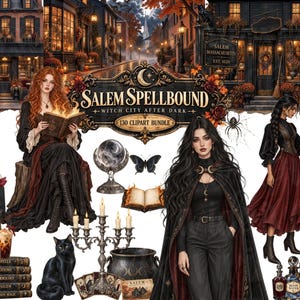 Puede incluir: Un paquete de imágenes digitales titulado Salem Spellbound Witch City After Dark que incluye dos figuras con ropa oscura, un gato negro, un caldero, un candelabro, un reloj de arena, frascos de pociones, libros, una bola de cristal y una calle.