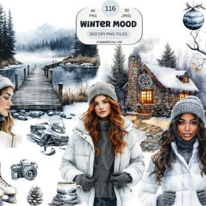 Op de afbeelding: Waterverfillustratie met een winterthema. De afbeelding toont een besneeuwd landschap, een gezellige hut en vrouwen die winterkleding dragen. De tekst luidt "Winter Mood" en "300 DPI PNG FILES COMMERCIAL USE". Andere elementen zijn schaatsen, een camera en een uil.
