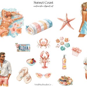 Pode incluir: Conjunto de cliparts em aquarela com tema de praia. Inclui ilustra&ccedil;&otilde;es de uma mulher na &aacute;gua, uma toalha enrolada, uma estrela do mar, uma mulher em um vestido, uma placa de carro, um caranguejo, uma lagosta, uma tigela de frutas, &oacute;culos de sol e um homem.