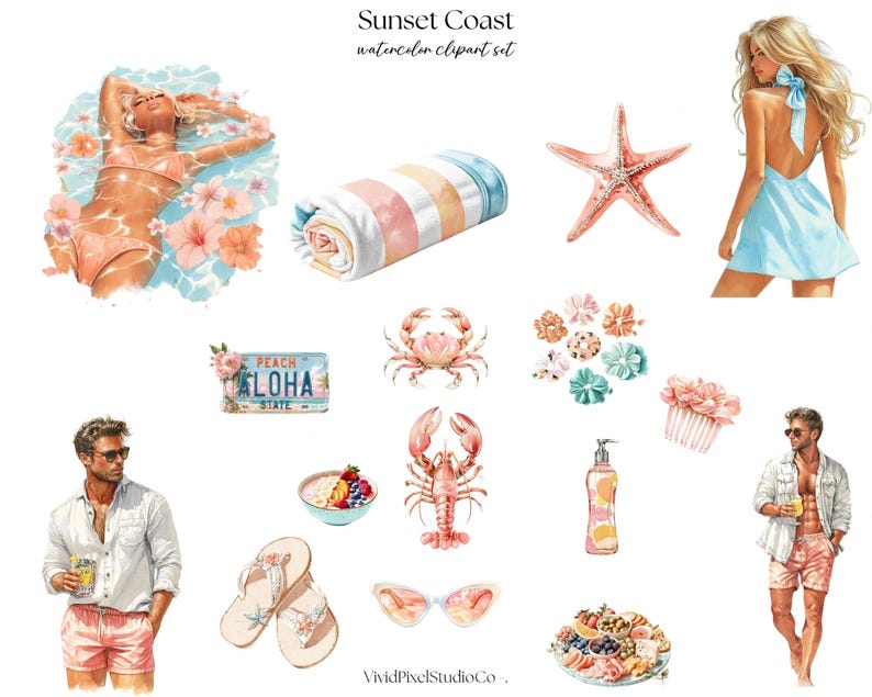 Pode incluir: Conjunto de cliparts em aquarela com tema de praia. Inclui ilustra&ccedil;&otilde;es de uma mulher na &aacute;gua, uma toalha enrolada, uma estrela do mar, uma mulher em um vestido, uma placa de carro, um caranguejo, uma lagosta, uma tigela de frutas, &oacute;culos de sol e um homem.