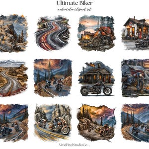 May include: Watercolor clipart set titled "Ultimate Biker." The set features various illustrations of motorcycles, winding roads, and scenic landscapes. The color palette includes shades of blue, orange, brown, and gray, creating a vintage and adventurous feel.