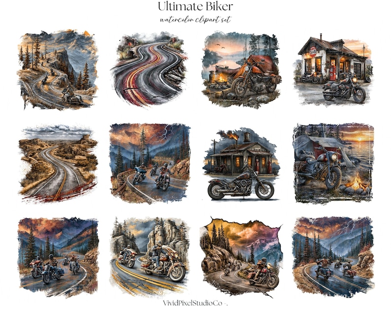 May include: Watercolor clipart set titled "Ultimate Biker." The set features various illustrations of motorcycles, winding roads, and scenic landscapes. The color palette includes shades of blue, orange, brown, and gray, creating a vintage and adventurous feel.