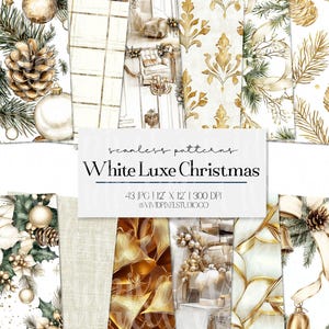 Puede incluir: Una colección de patrones sin costuras con temática navideña. Los patrones presentan piñas, adornos y diseños florales en blanco, dorado y verde. El texto "White Luxe Christmas" se muestra sobre un fondo blanco.