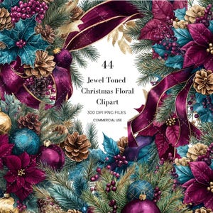 Jewel Tone Christmas Floral Clipart | Luxury Holiday Bouquet & Wreath Set | Burgundy Emerald Gold Poinsettia PNGs | Elegant Winter Floral