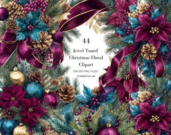 Jewel Tone Christmas Floral Clipart | Luxury Holiday Bouquet & Wreath Set | Burgundy Emerald Gold Poinsettia PNGs | Elegant Winter Floral