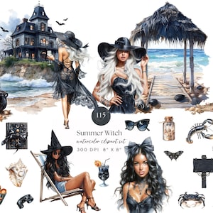 Summer Witch Clipart Bundle | Coastal Gothic PNG Set, Dark Beach Aesthetic, Witchy Ocean Elements, Seashell Magic