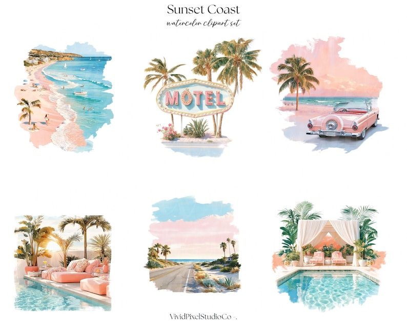 Pacote de Clipart da Costa ao Pôr do Sol, PNG com Estética de Verão Costeira, Clipart de Férias na Praia, Luxo à Beira da Piscina imagem 9