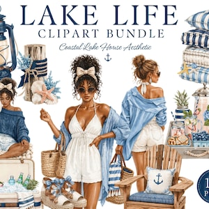 Puede incluir: Paquete de im&aacute;genes predise&ntilde;adas digitales con una est&eacute;tica de casa de lago costera. La imagen presenta ilustraciones de mujeres, accesorios de playa y el texto "LAKE LIFE CLIPART BUNDLE". La paleta de colores incluye tonos de azul, blanco y beige.