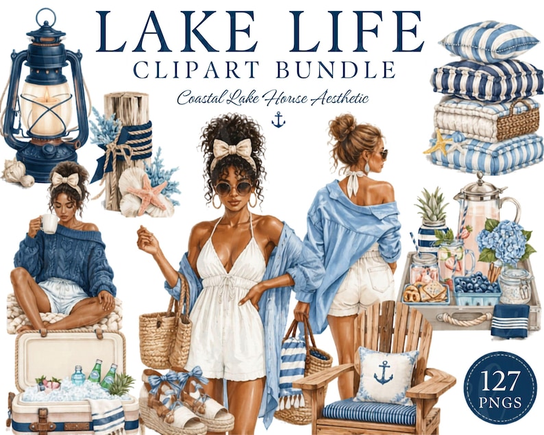 Puede incluir: Paquete de im&aacute;genes predise&ntilde;adas digitales con una est&eacute;tica de casa de lago costera. La imagen presenta ilustraciones de mujeres, accesorios de playa y el texto "LAKE LIFE CLIPART BUNDLE". La paleta de colores incluye tonos de azul, blanco y beige.