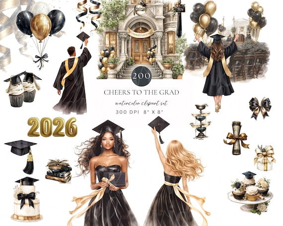 Luxury Graduation Clipart Bundle | Class of 2026 Black & Gold Graduation PNG | Grad Party Clipart |Cheers to the Grad Invitation Graphics