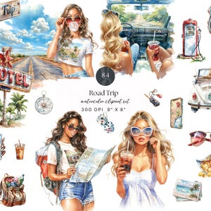 May include: Watercolor clipart set with a road trip theme. Includes illustrations of a vintage car, a motel sign, Route 66 sign, women with sunglasses, maps, and travel accessories. The text "Road Trip" and "MOTEL" are visible.