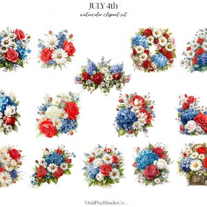 May include: Watercolor clipart set featuring various floral arrangements in red, white, and blue. The arrangements include roses, daisies, and hydrangeas, perfect for patriotic themes. The text "JULY 4th watercolor clipart set" is at the top.