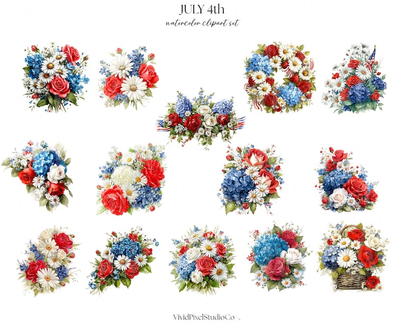 May include: Watercolor clipart set featuring various floral arrangements in red, white, and blue. The arrangements include roses, daisies, and hydrangeas, perfect for patriotic themes. The text "JULY 4th watercolor clipart set" is at the top.