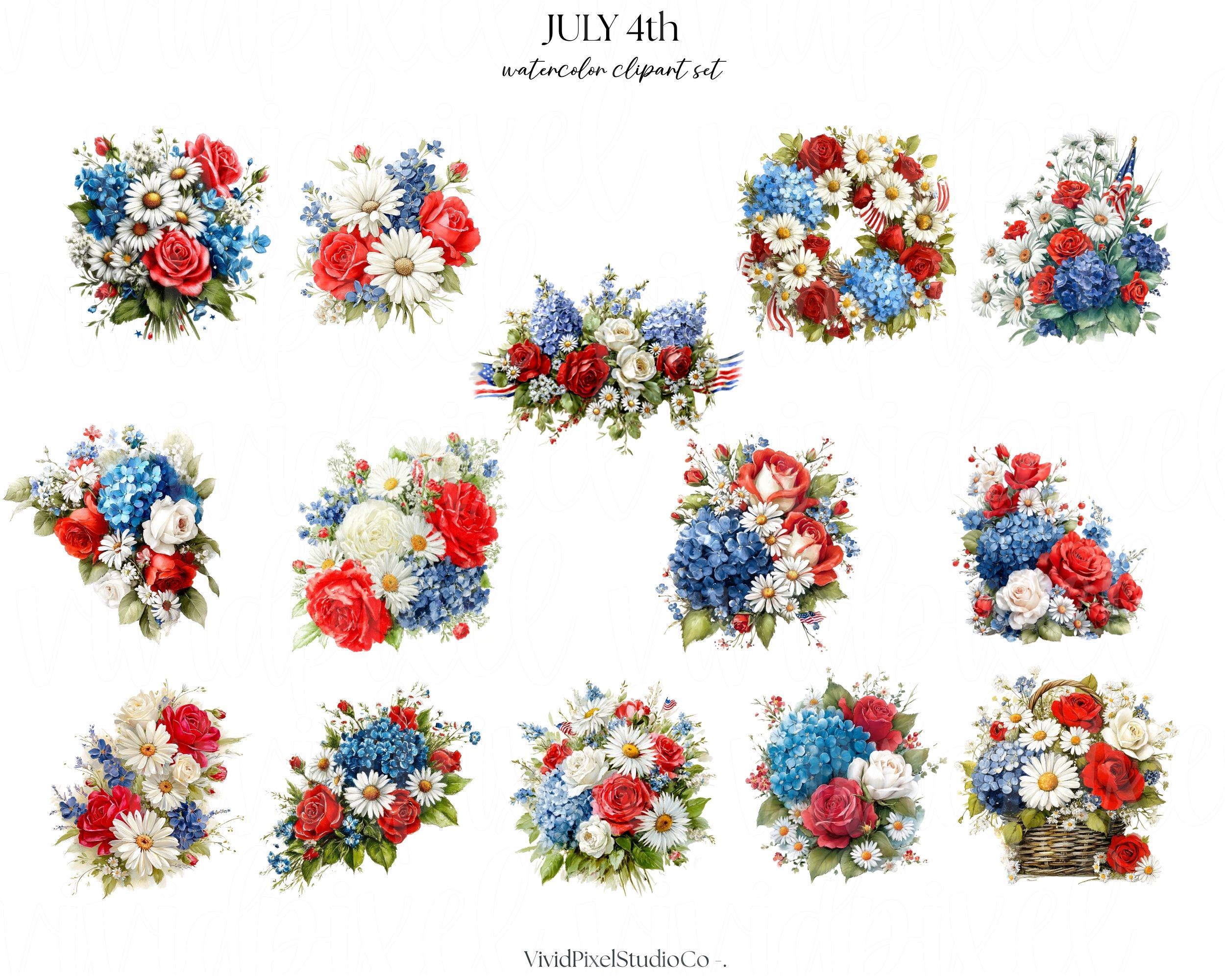 July 4th Watercolor Clipart Bundle | Patriotic Floral Clipart ...