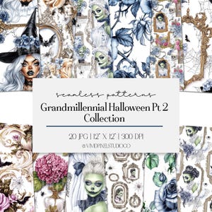 May include: A set of seamless patterns with a Grandmillennial Halloween theme. The designs include illustrations of witches, portraits, floral arrangements, and spiderwebs in black, white, and blue. The collection includes 20 JPG files, each 30.48 cm x 30.48 cm at 300 DPI.