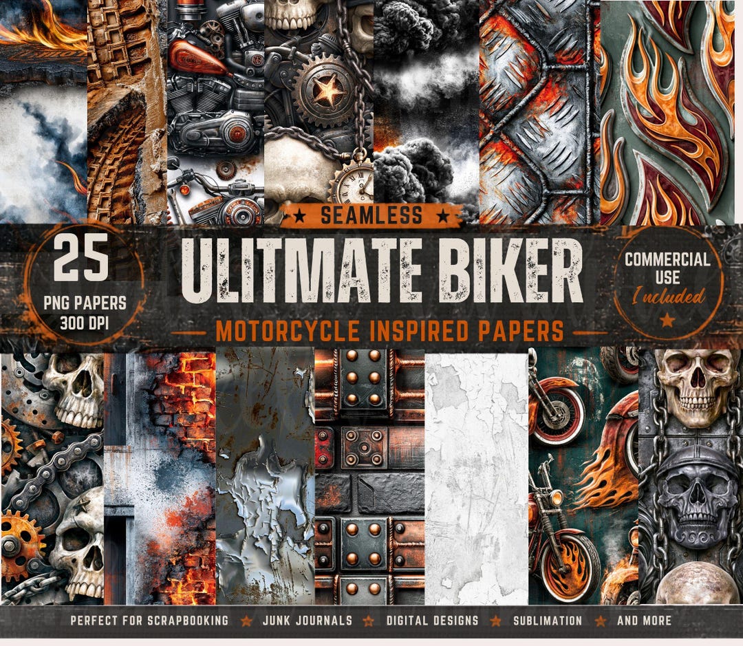 Ultimate Biker Seamless Digital Papers Bundle | Motorcycle Skulls ...
