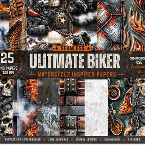 May include: A digital collection of 25 motorcycle-themed PNG papers featuring graphic designs of skulls, flames, metal textures, tire tracks, chains, and engine parts. The text reads 25 PNG PAPERS 300 DPI ULTIMATE BIKER MOTORCYCLE INSPIRED PAPERS.