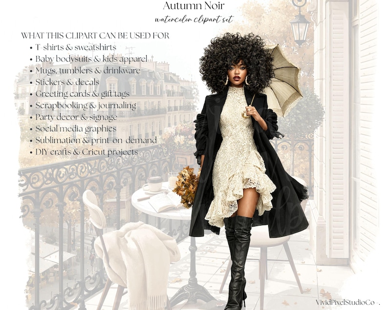 Op de afbeelding: Een digitale illustratie getiteld Autumn Noir watercolor clipart set met een persoon met volumineus donker haar in een cr&egrave;mekleurige kanten jurk, zwarte jas en zwarte overknee laarzen, met een beige paraplu. Tekst somt verschillende toepassingen op.
