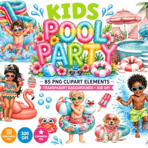 Può includere: Una collezione digitale di 85 elementi clipart PNG a tema festa in piscina con bambini, un cane, giocattoli gonfiabili, fiori tropicali e schizzi d'acqua. Il testo riporta KIDS POOL PARTY, 85 PNG CLIPART ELEMENTS e 300 DPI.