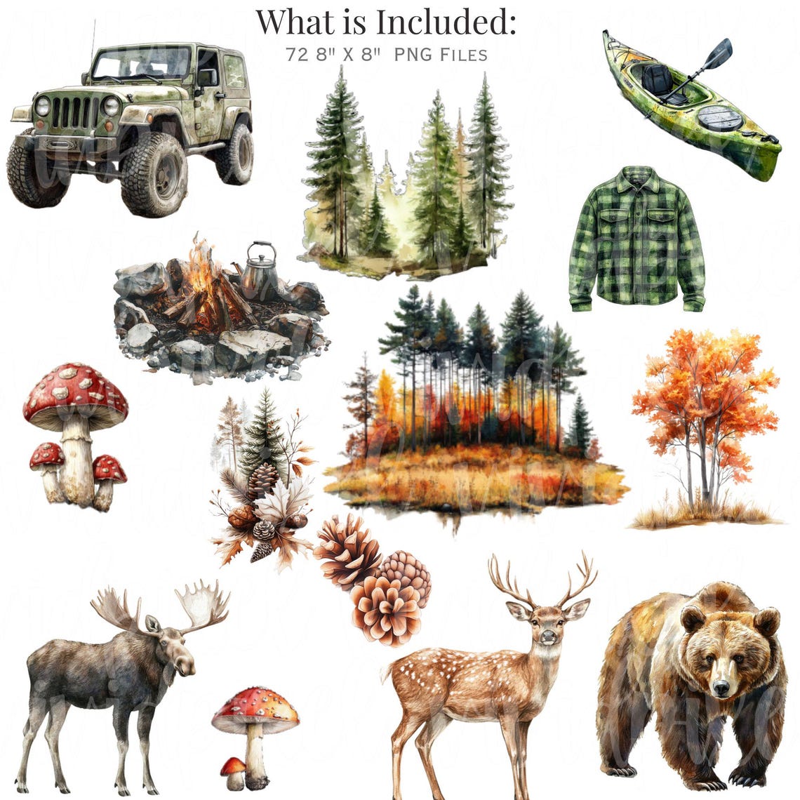 Watercolor Cute Camping Clipart Bundle | Woodland Mountain PNG Set ...