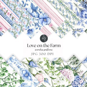 Könnte beinhalten: Eine Sammlung nahtloser Muster mit floralen und botanischen Designs in Blau-, Rosa- und Grüntönen. Der Text "Love on the Farm" wird mit "seamless patterns" und "JPG 300 DPI" darunter angezeigt. Die Muster umfassen Blumen, Streifen und Blätter.