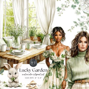 Könnte beinhalten: Aquarell-Clipart-Set "Lucky Garden" mit Tisch, Hase mit Klee, grünem Hut und zwei Frauen. Das Set enthält Kleeblätter, Pilze und grüne und weiße Elemente. Größe: 8" x 8" (20,32 cm x 20,32 cm).
