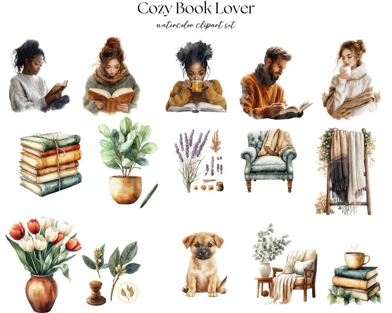Cozy Book Lover Clipart | Reading Aesthetic Watercolor | Reading Girl ...