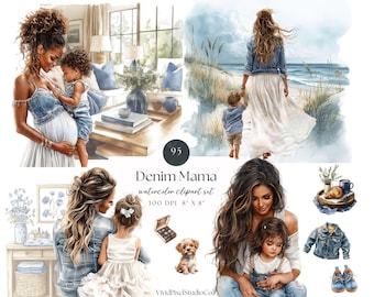 Denim Mama Clipart | Mors dag PNGs | Mamma och bebis akvarell Clipart | Blå neutral mammaliv | Barnkammarclipart | Sublimering PNG