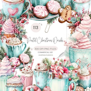 May include: A watercolor illustration featuring pastel-colored Christmas drinks and treats. The image includes mugs of hot chocolate, cookies, gingerbread men, and candy canes. The text "Pastel Christmas Drinks" is visible.