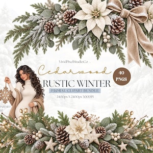 Puede incluir: Un paquete gráfico digital con arreglos florales de invierno que incluyen ramas de pino escarchadas, piñas, flores de pascua blancas y cintas beige. Texto: VividPixelStudioCo, Cedarwood RUSTIC WINTER FLORAL CLIPART BUNDLE, 40 PNGS, 2400px X 2400px 300DPI.