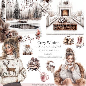 Conjunto de imágenes prediseñadas de acuarela de un paraíso invernal / Ilustraciones de cabañas rústicas / Escenas nevadas neutras bohemias y paquete PNG de chicas a la moda