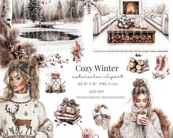 Watercolor Winter Wonderland Clipart Set | Rustic Cabin Retreat Illustrations | Boho Neutral Snowy Scenes & Fashion Girls PNG Bundle