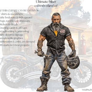 May include: Watercolor clipart set titled "Ultimate Biker." The image features a muscular person with tattoos, holding a wrench and a helmet, standing in front of a motorcycle and a gas station. The text lists uses for the clipart, including t-shirts, stickers, and social media graphics.