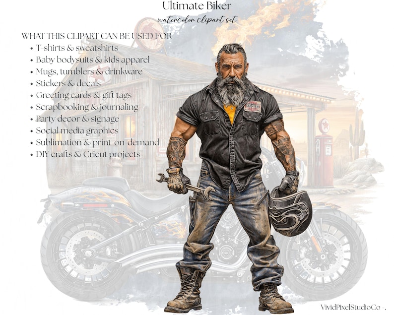 May include: Watercolor clipart set titled "Ultimate Biker." The image features a muscular person with tattoos, holding a wrench and a helmet, standing in front of a motorcycle and a gas station. The text lists uses for the clipart, including t-shirts, stickers, and social media graphics.