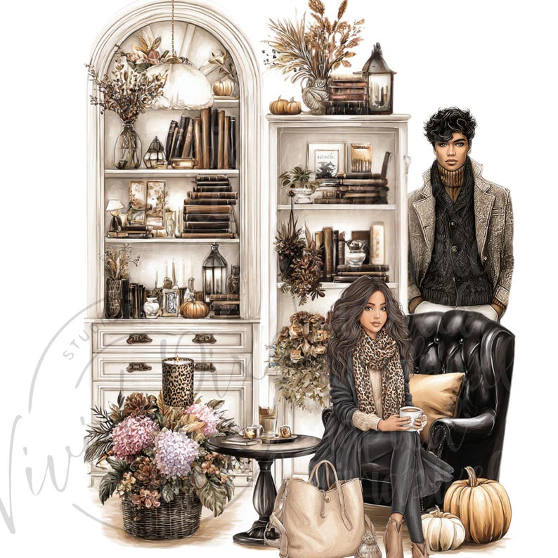 Puede incluir: Ilustraci&oacute;n en acuarela de una escena interior acogedora con estanter&iacute;as, calabazas y arreglos florales. Una persona est&aacute; sentada en un sill&oacute;n de cuero, sosteniendo una taza. Otra persona est&aacute; de pie cerca. La escena evoca un ambiente oto&ntilde;al c&aacute;lido.