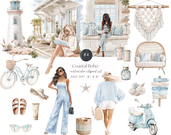 Coastal Boho Clipart Set, Coastal Granddaughter Aesthetic PNG, Beach House Decor, Summer Lifestyle Clipart